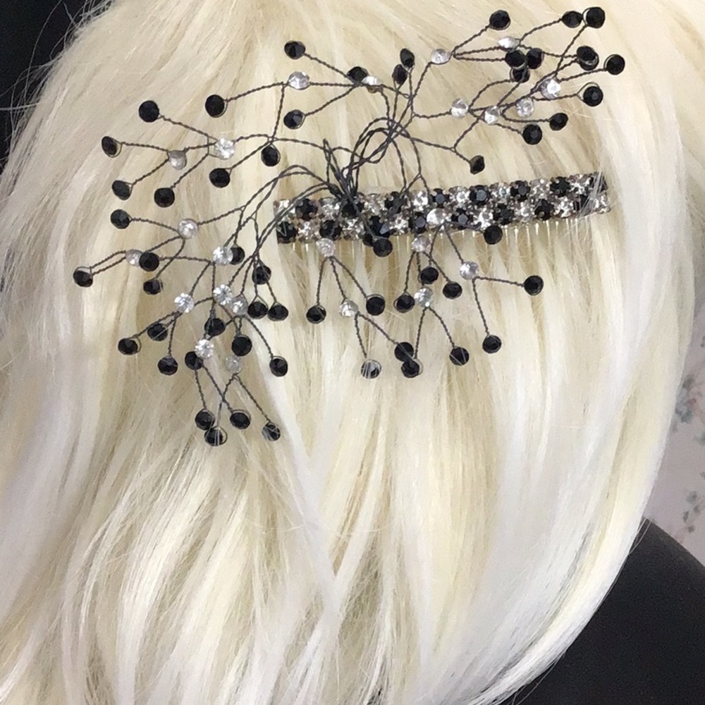 Vintage Bridal Black & Clear Rhinestone Hair Comb w/ Wires For Shaping. NWT.